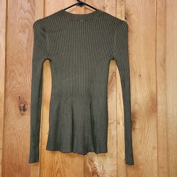 Venus Ribbed Crew Neck Bodycon Knit Sweater Peplum Waist, Small, Olive Green - Picture 2 of 7